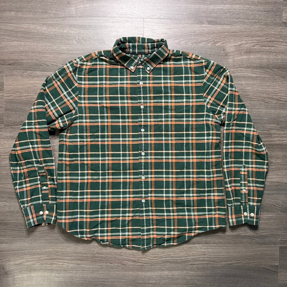 L.L. Bean Men's Signature Stretch Poplin Plaid Flannel Shirt - Green/Orange